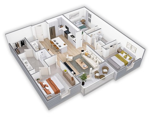 3d floor plan of a house with bedroom and living room